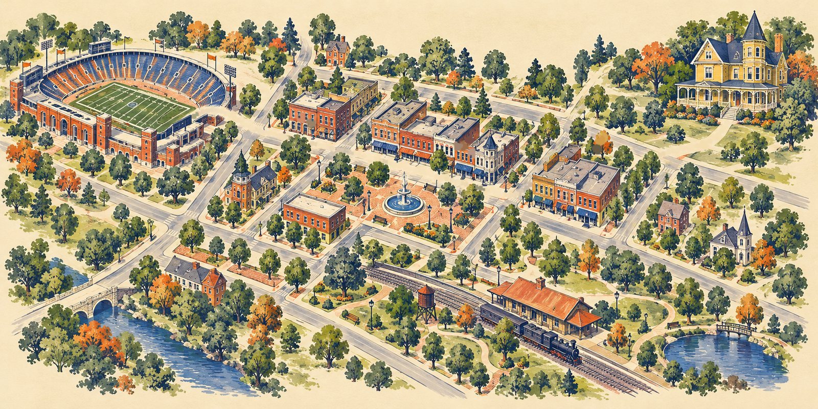 An illustrated map of Gainesville: the yellow Victorian house in the upper right, a dotted path west through downtown's square and brick storefronts to the football stadium on the left, with the depot park and its steam train below.